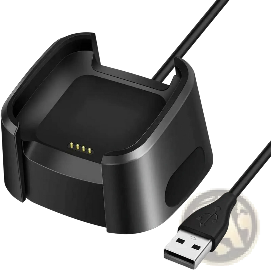 Black plastic usb charging dock with cable for fitbit charge 2 smartwatch shown from the back side