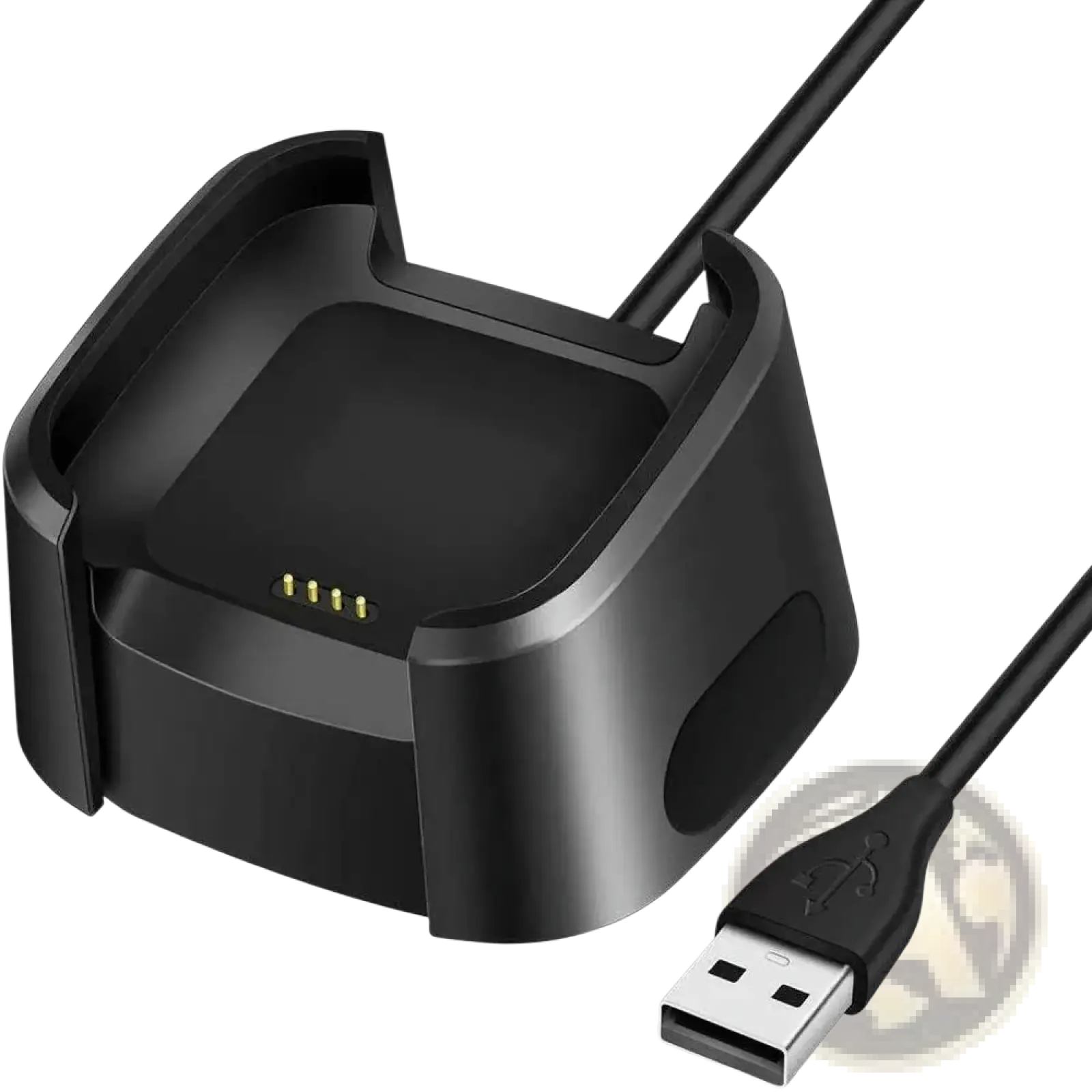 Black plastic usb charging dock with cable for fitbit charge 2 smartwatch shown from the back side