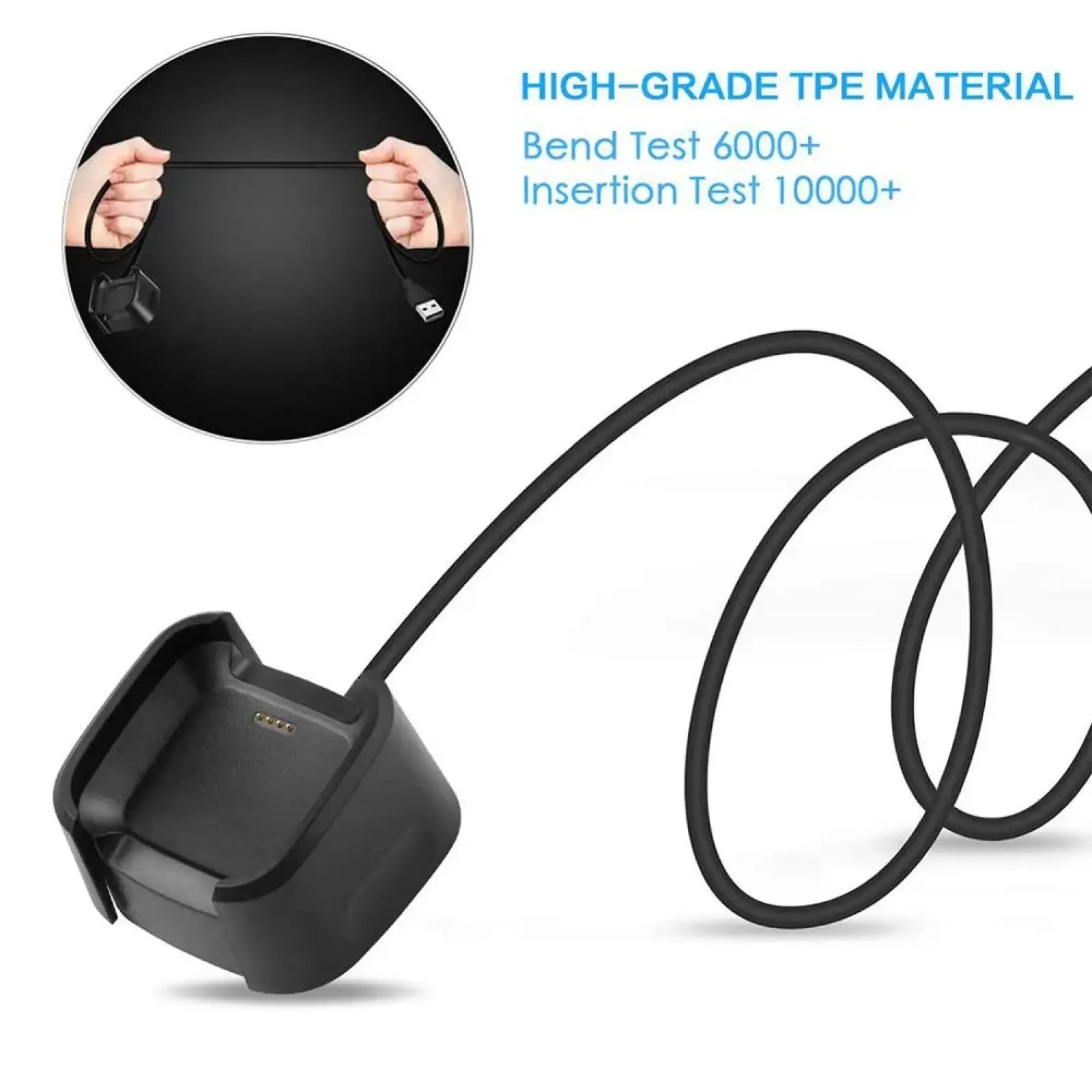 Black plastic Fitbit Versa 2 usb charging cable dock with flexible black cable designed for fitness trackers use