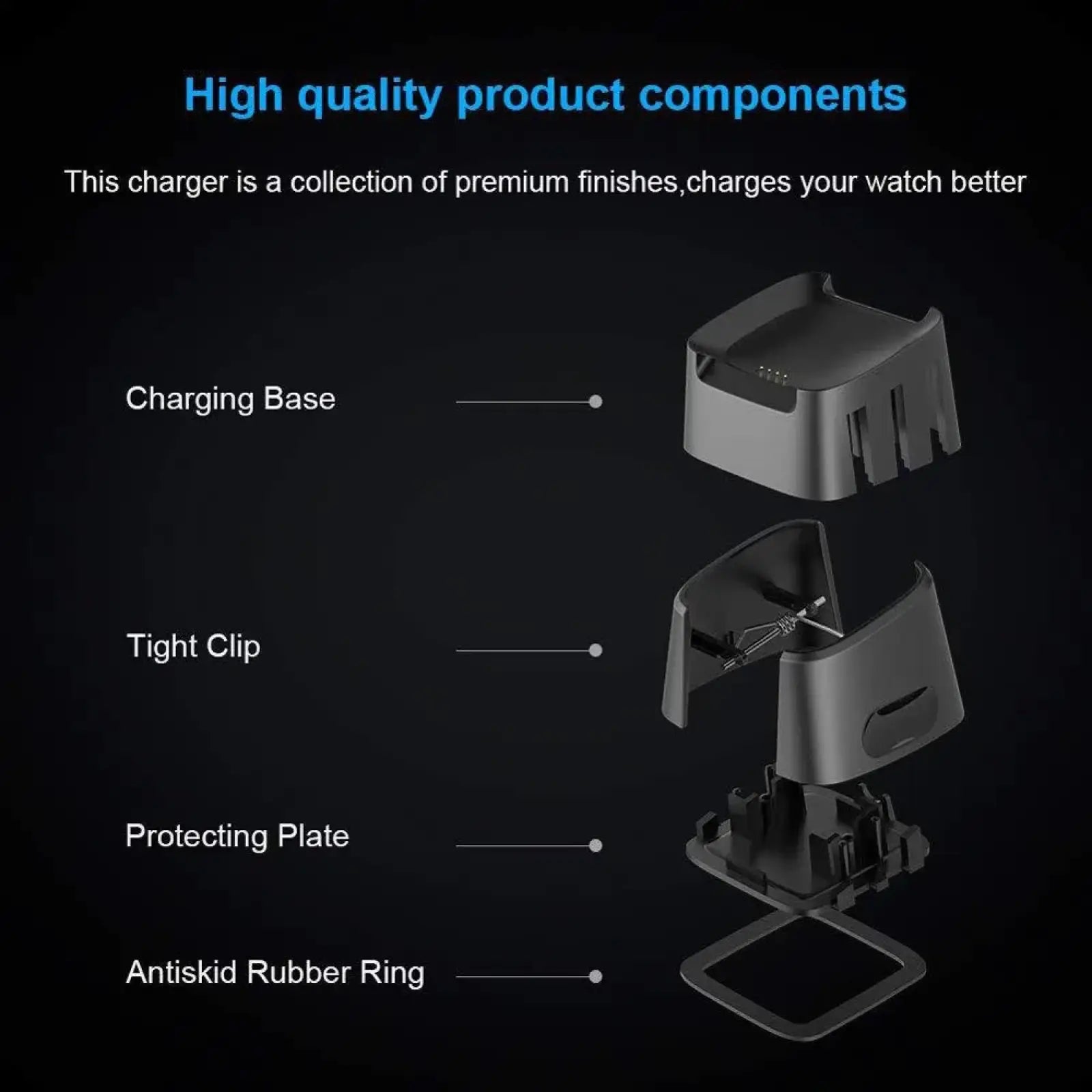 Black plastic Fitbit Versa 2 usb charging cable dock with segmented components for secure watch charging
