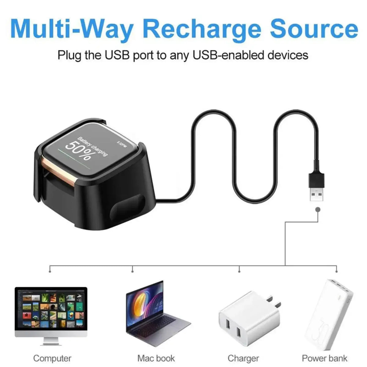 Black rectangular Fitbit Versa 2 USB charging cable dock with copper accent and digital display showing 50% battery charging