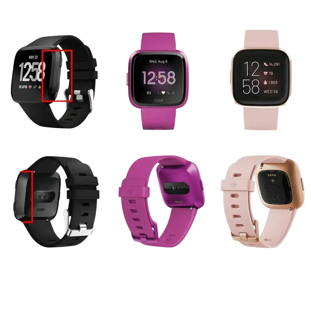 Black silicone strap with silver-tone buckle on fitbit versa smartwatch shown with fitbit versa 2 usb charging cable dock