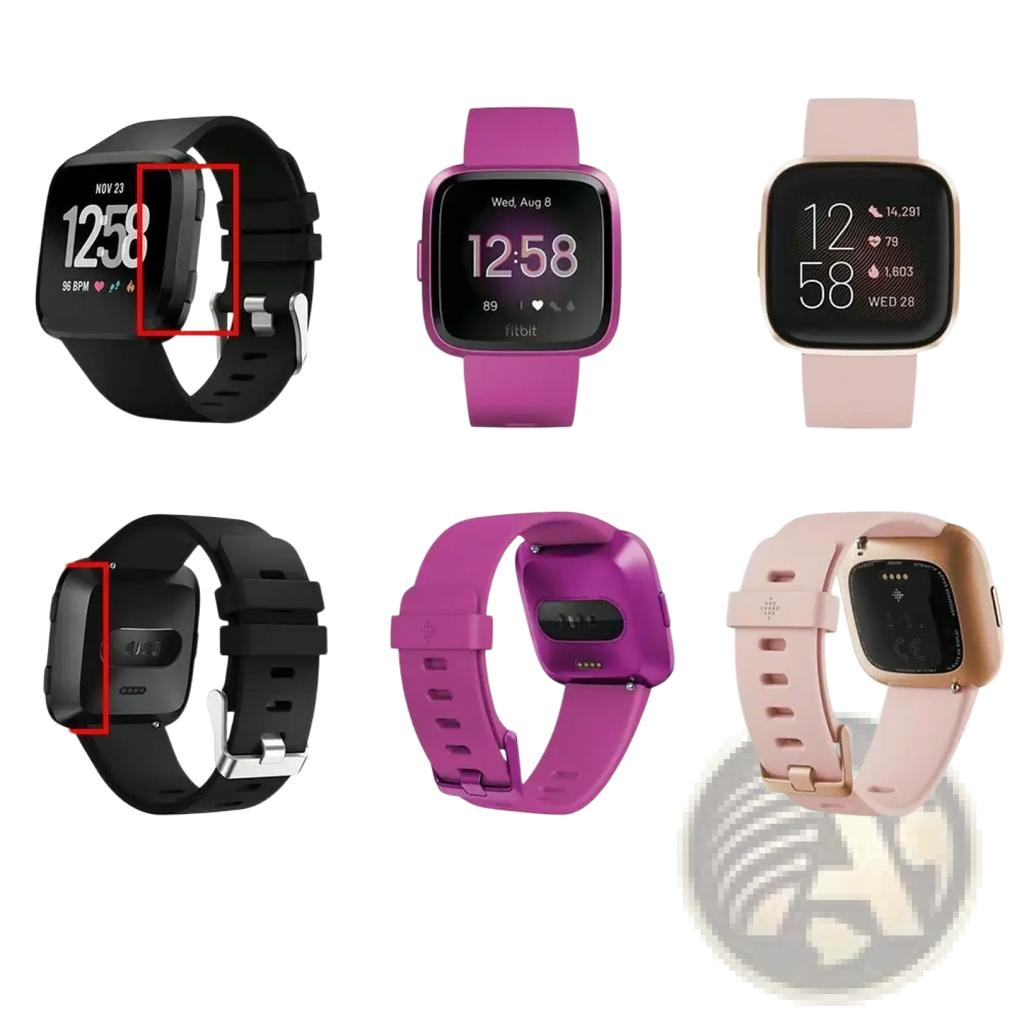 Black silicone strap with silver-tone buckle on fitbit versa smartwatch shown with fitbit versa 2 usb charging cable dock