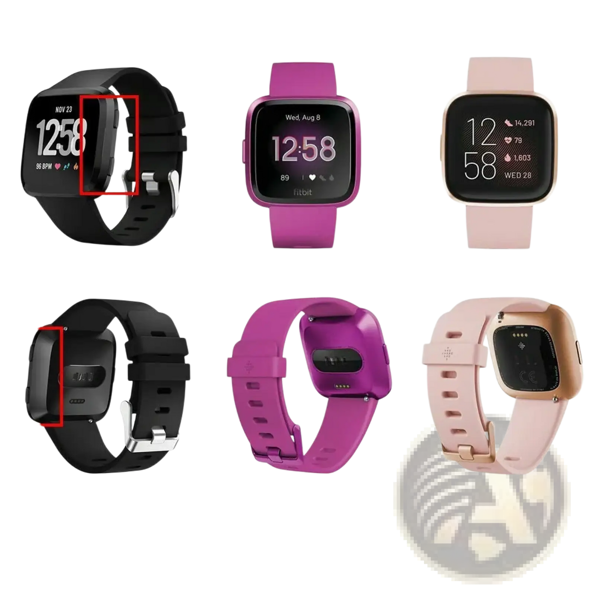 Black silicone strap with silver-tone buckle on fitbit versa smartwatch shown with fitbit versa 2 usb charging cable dock