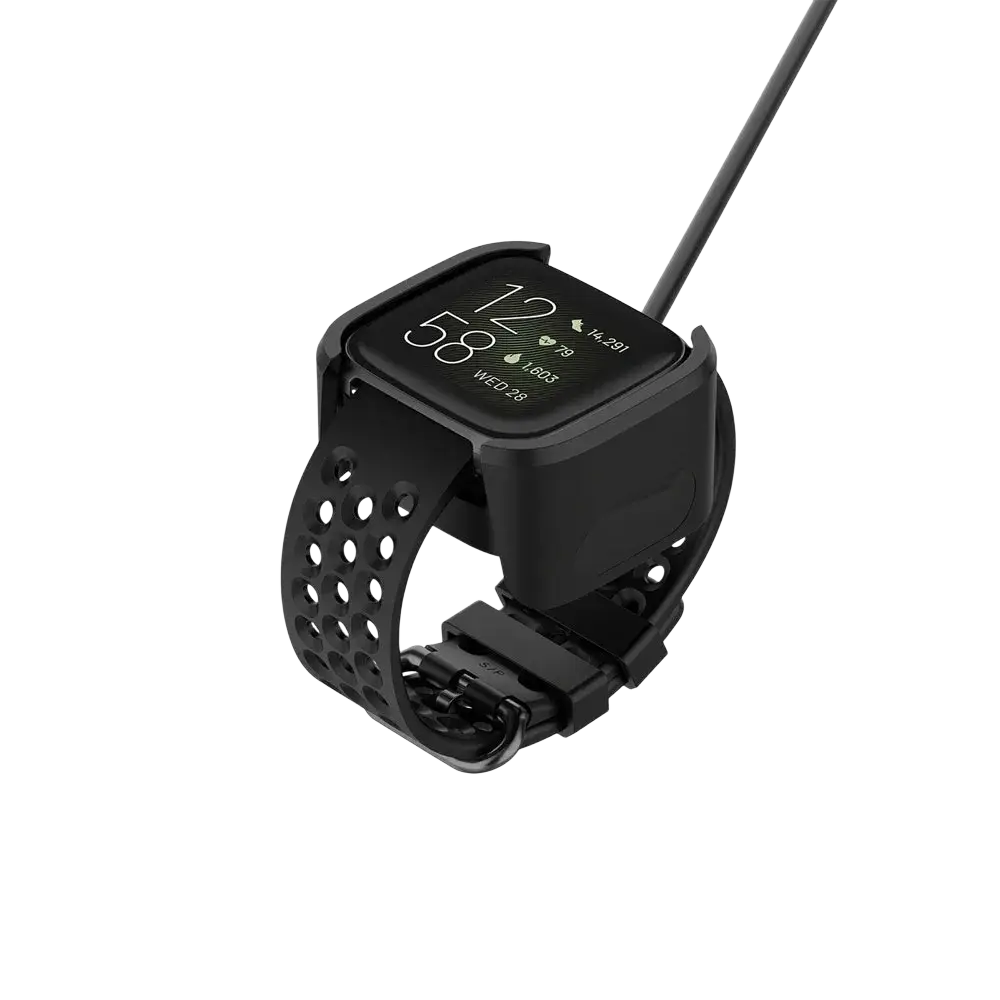 Black silicone Fitbit Versa 2 USB charging cable dock with perforated band and integrated cable port displayed from back side