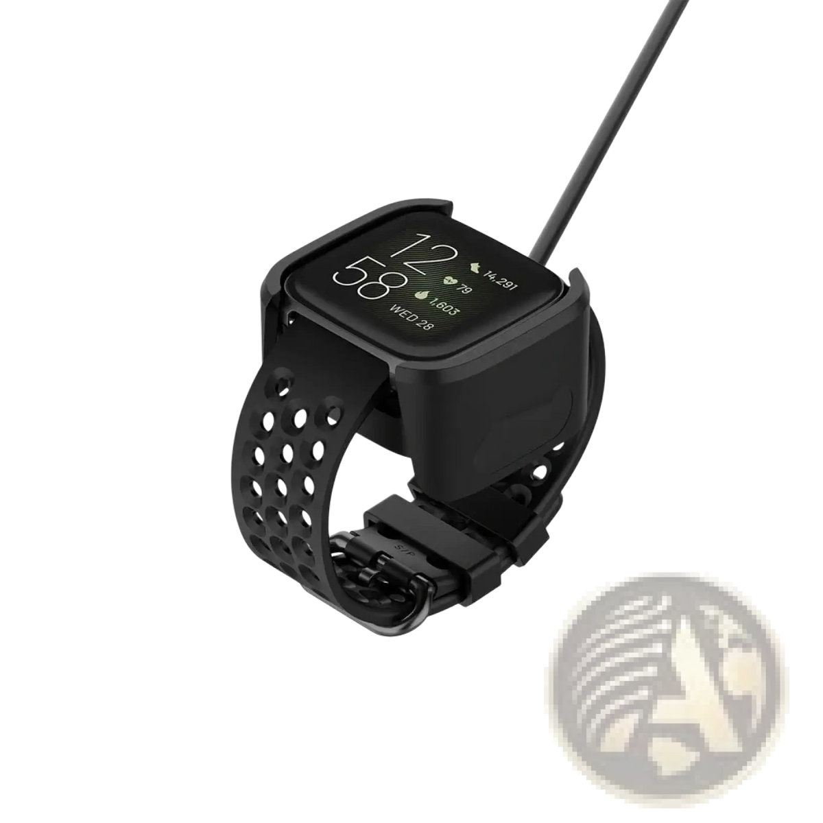 Black silicone Fitbit Versa 2 USB charging cable dock with perforated band and integrated cable port displayed from back side