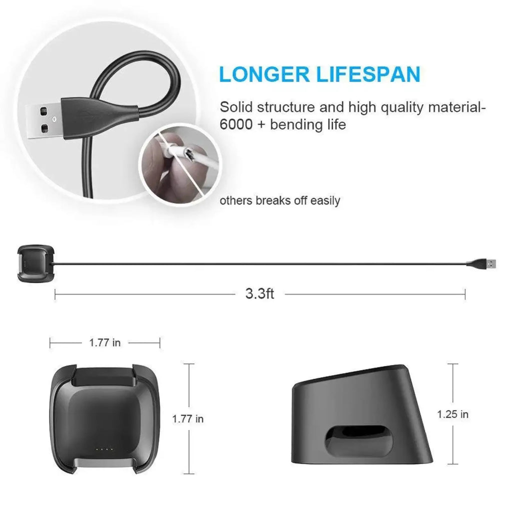Black Fitbit Versa 2 USB charging cable dock and stand with durable solid structure and high-quality material for Charge 3