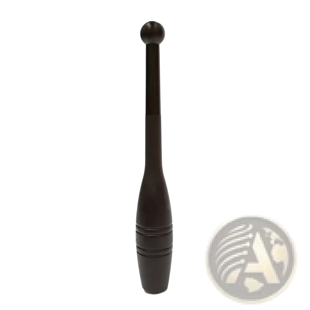 Dark brown wooden fitness clubbell weight with rounded top and engraved bands for full body strength training