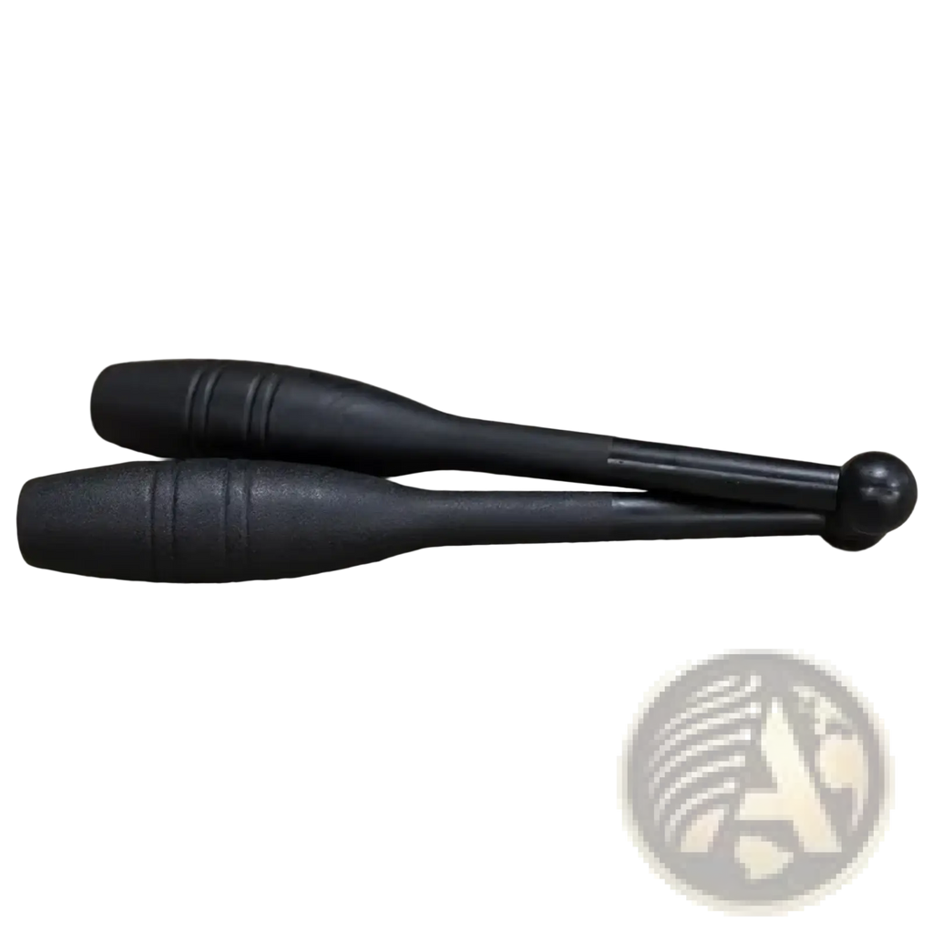 Black plastic fitness clubbell weight with textured grips and rounded ends for full body strength training