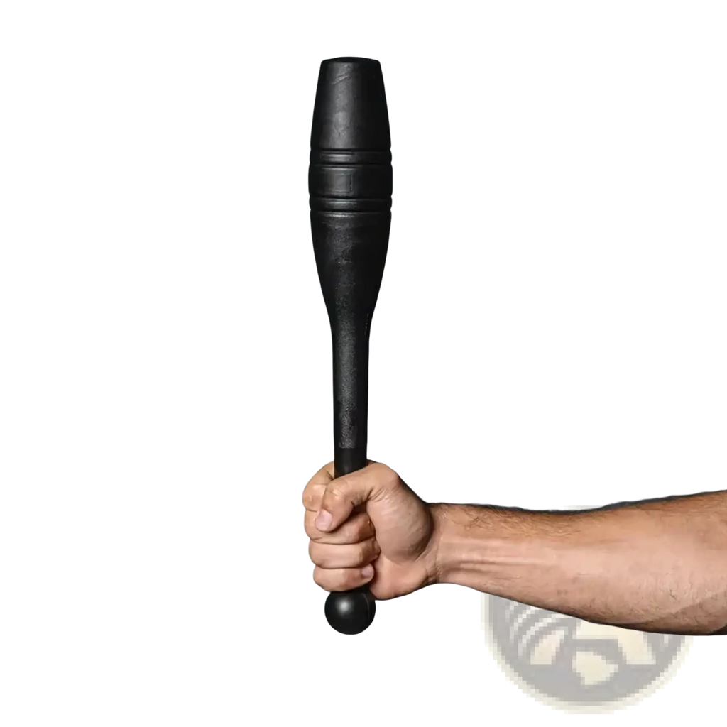 Black rubberized grip fitness clubbell weight with textured ridges and rounded ball end for full body strength training