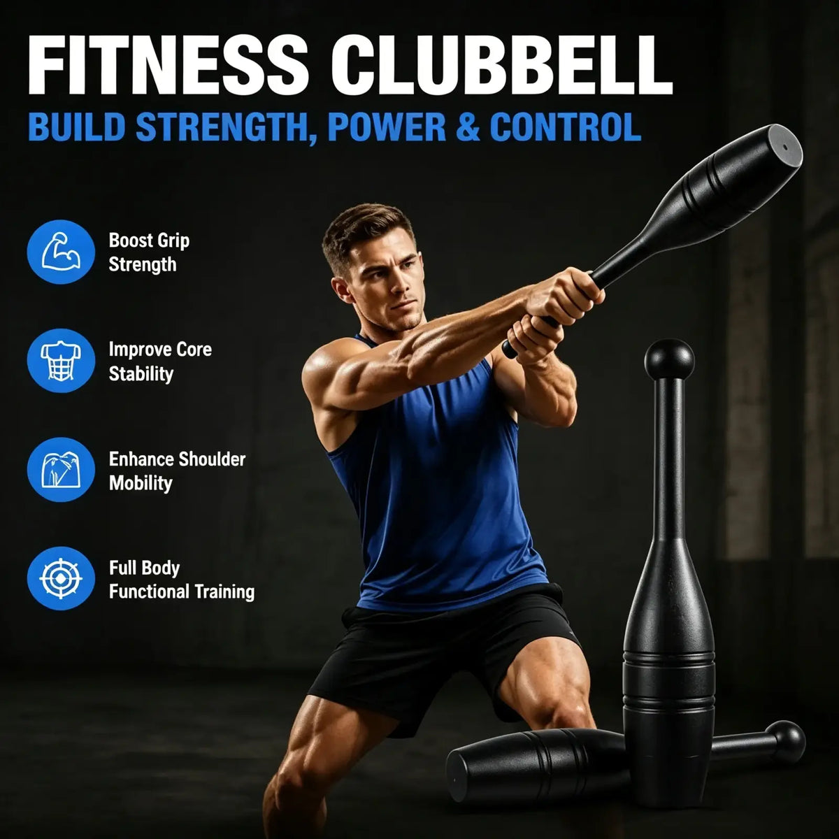 Black fitness clubbell weight with sleek tapered design and textured grip for enhanced full body strength training