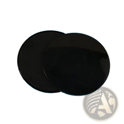Two overlapping black circular glass fitness core sliders with a glossy finish for abdominal training