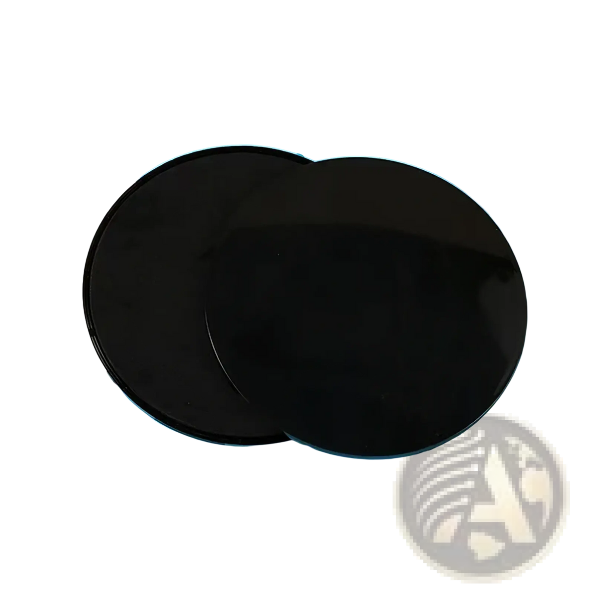 Two overlapping black circular glass fitness core sliders with a glossy finish for abdominal training