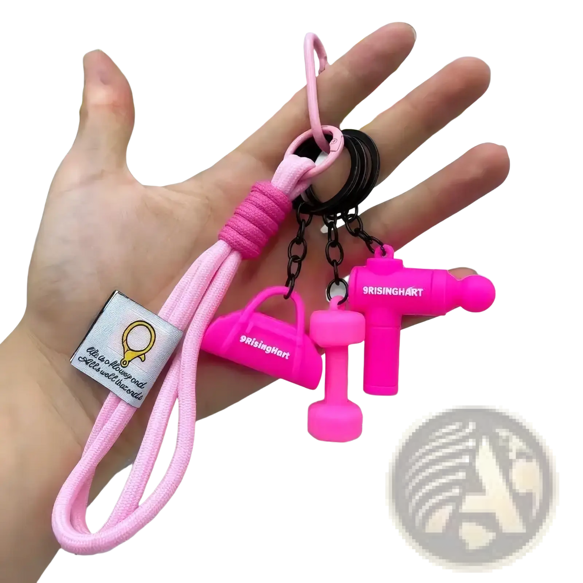 Pink silicone fitness dumbbell keychain set with handbag and drill designs featuring black metal rings and matching cord