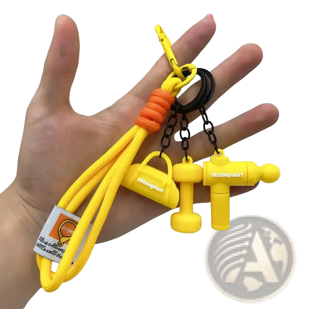 Yellow silicone fitness dumbbell keychain gym bag charm with orange braided cord and yellow usb flash drive charms shaped like a lock and hammer