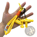 Yellow silicone fitness dumbbell keychain gym bag charm with orange braided cord and yellow usb flash drive charms shaped like a lock and hammer
