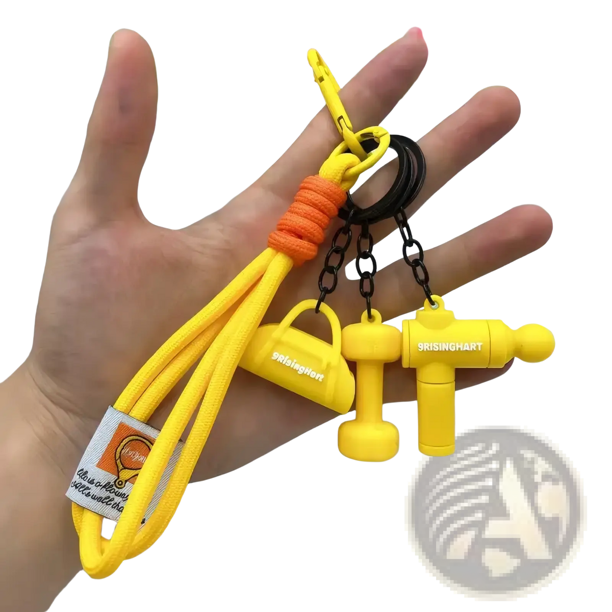 Yellow silicone fitness dumbbell keychain gym bag charm with orange braided cord and yellow usb flash drive charms shaped like a lock and hammer