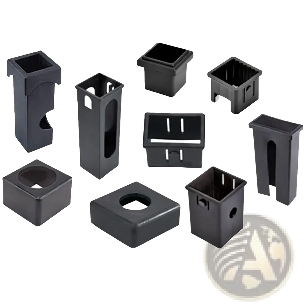 Black plastic pipe bushings for fitness bikes with varying shapes and sizes featuring cutouts and slots for connectors