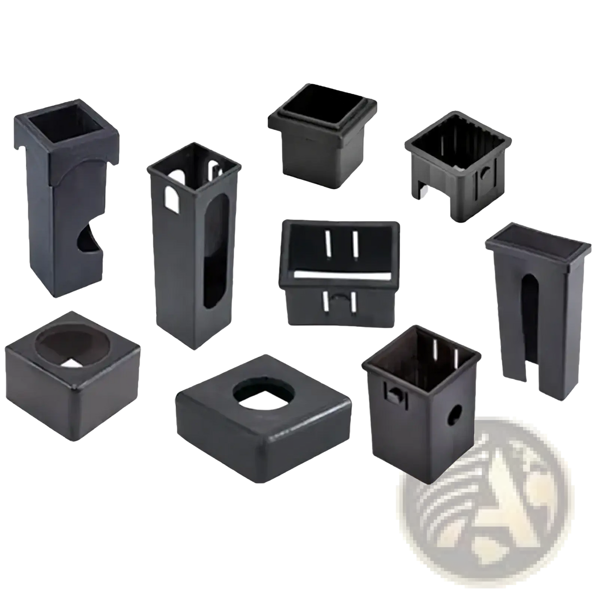 Black plastic pipe bushings for fitness bikes with varying shapes and sizes featuring cutouts and slots for connectors