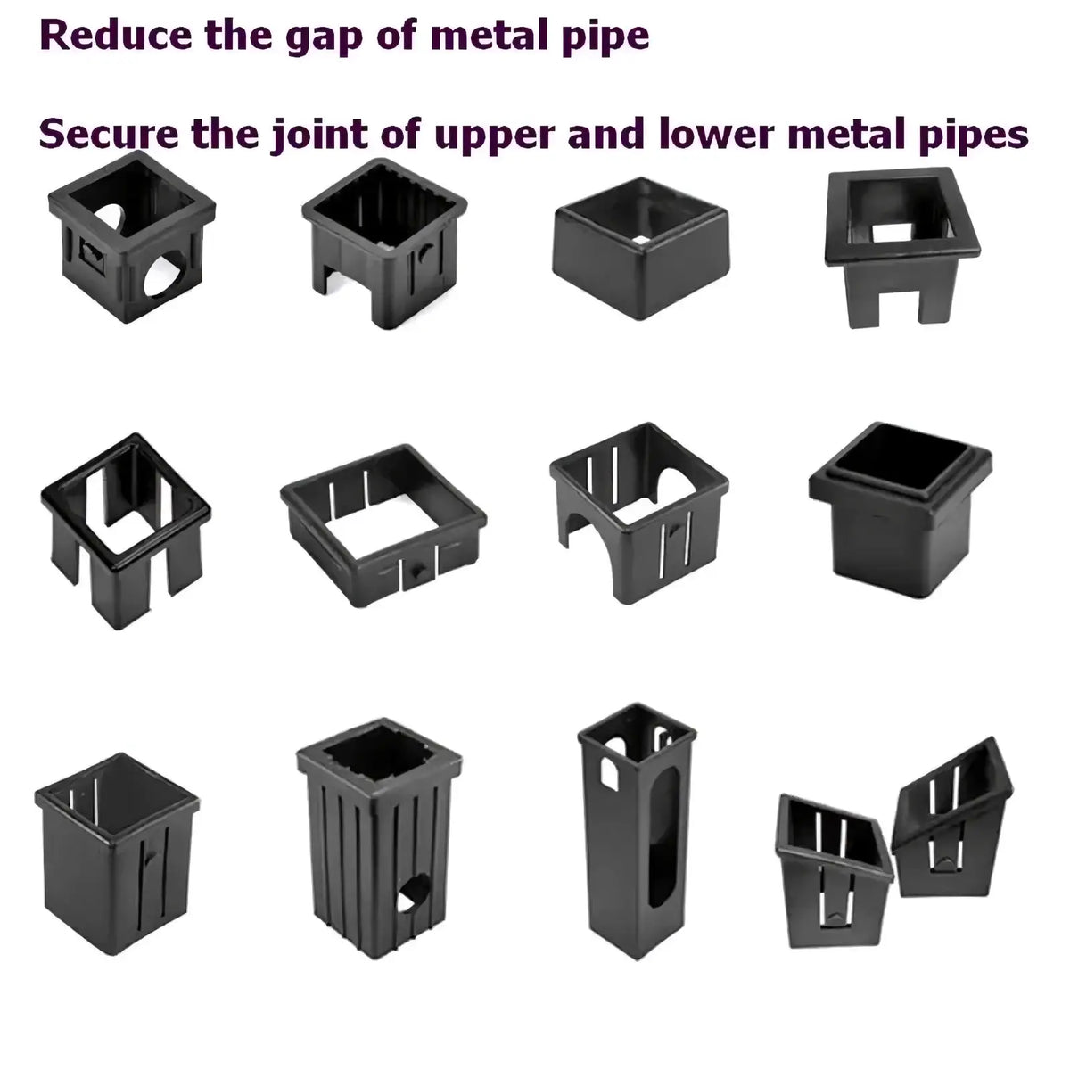 Black plastic pipe connectors made of durable plastic designed to secure joints between metal fitness equipment pipes