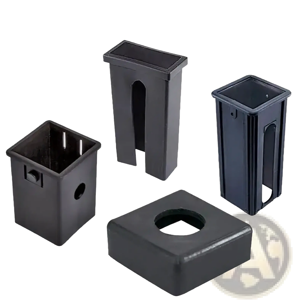 Black plastic fitness equipment bushing pipe connector with reinforced sides and cutouts for secure fastening