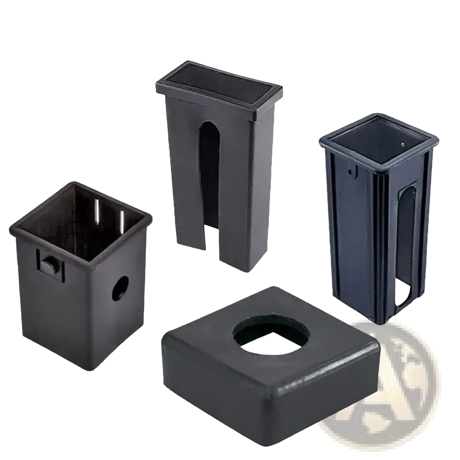 Black plastic fitness equipment bushing pipe connector with reinforced sides and cutouts for secure fastening