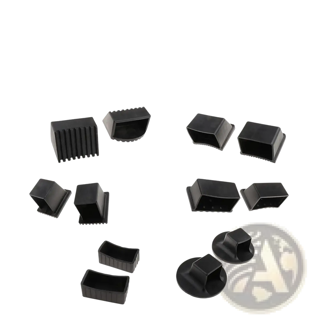 Black rubber non-slip foot caps for gym equipment featuring various shapes and ribbed textures for tubing protection