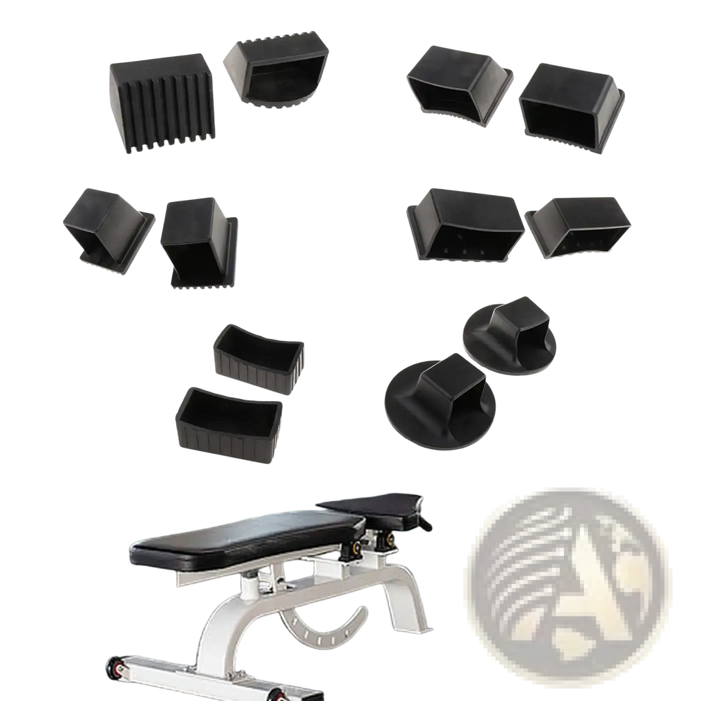 Black plastic fitness equipment bench pad protectors in various shapes and sizes with non-slip square end caps