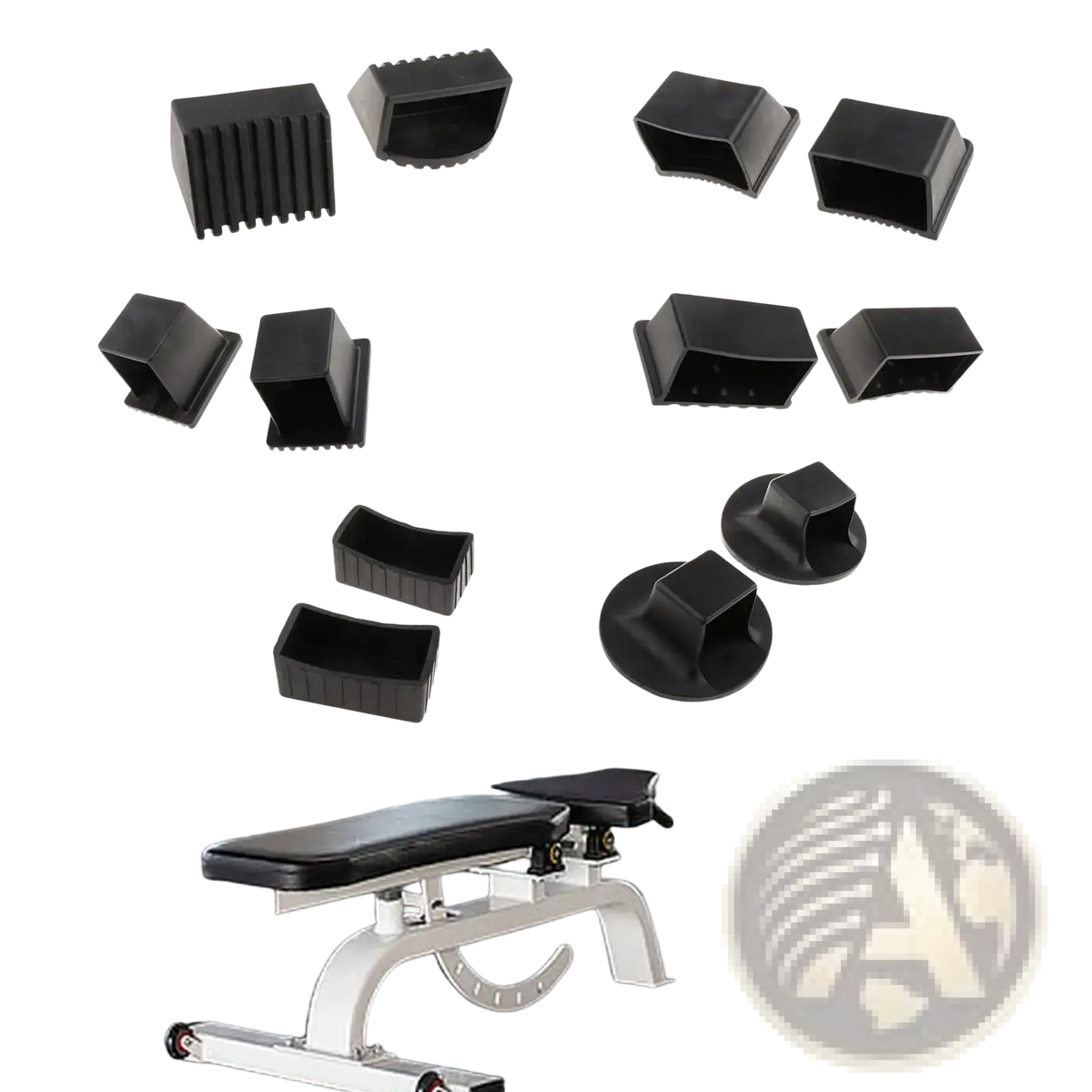 Black plastic fitness equipment bench pad protectors in various shapes and sizes with non-slip square end caps
