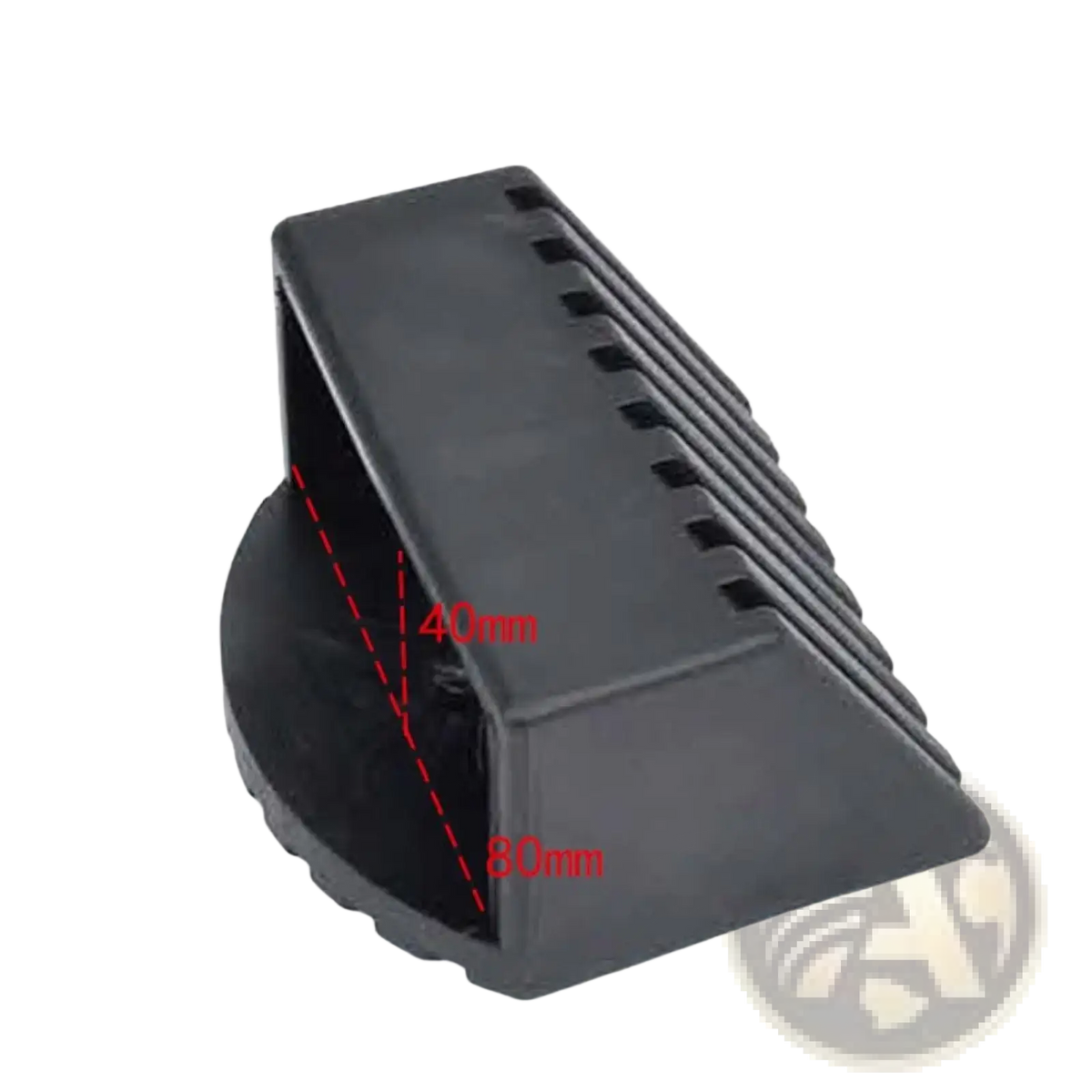 Black rubber wheel chock with textured ribbed surface and rounded base for fitness equipment square end cap tubing protector