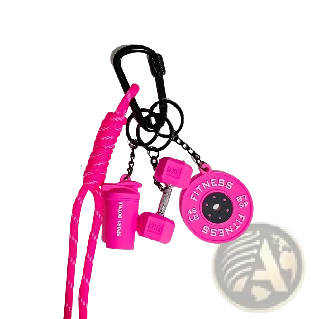 Bright pink silicone fitness keychain with coiled lanyard and miniature dumbbell and weight plate charms