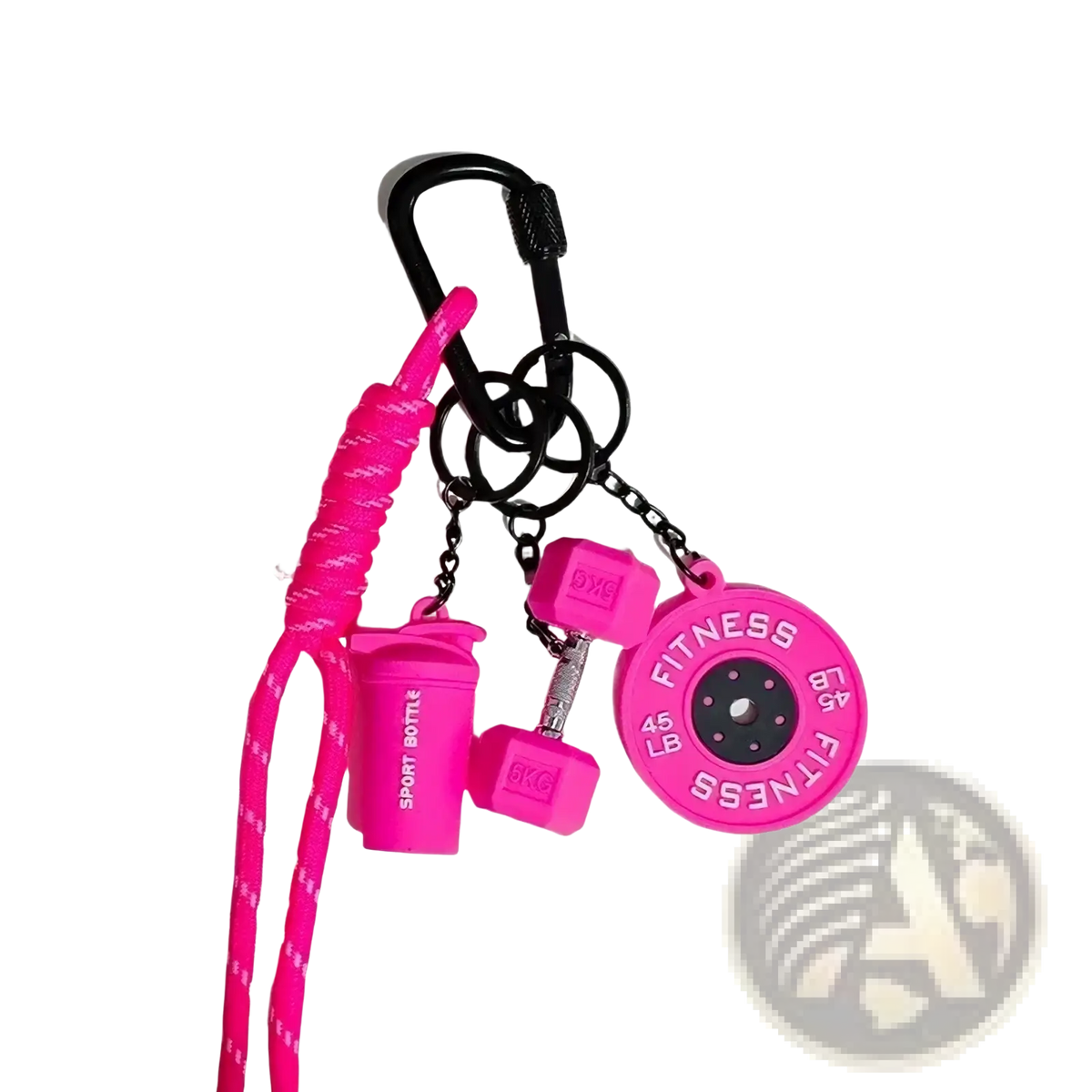 Bright pink silicone fitness keychain with coiled lanyard and miniature dumbbell and weight plate charms