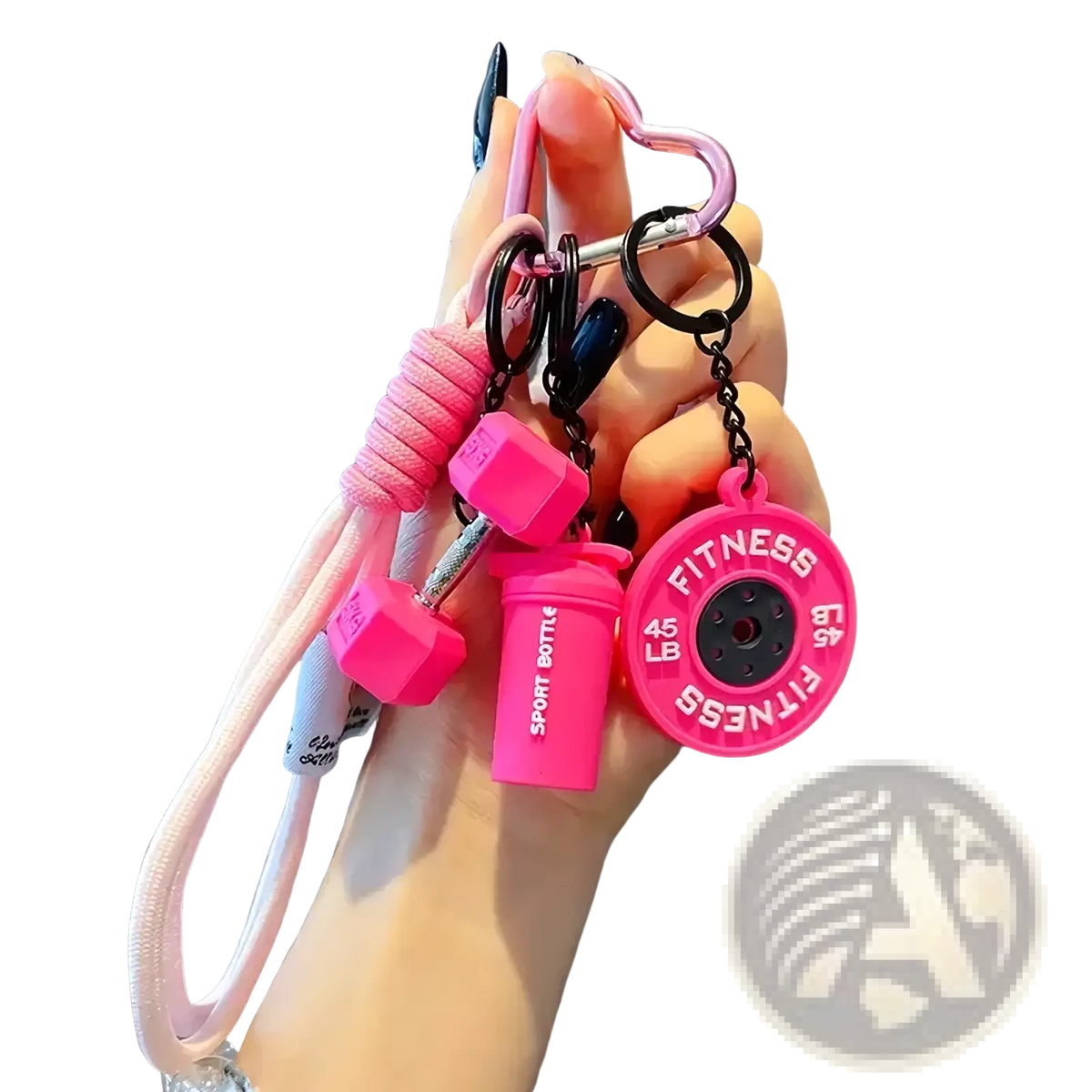 Pink fitness keychain with dumbbell water bottle and weight plate charms for colorful gym bag accessory