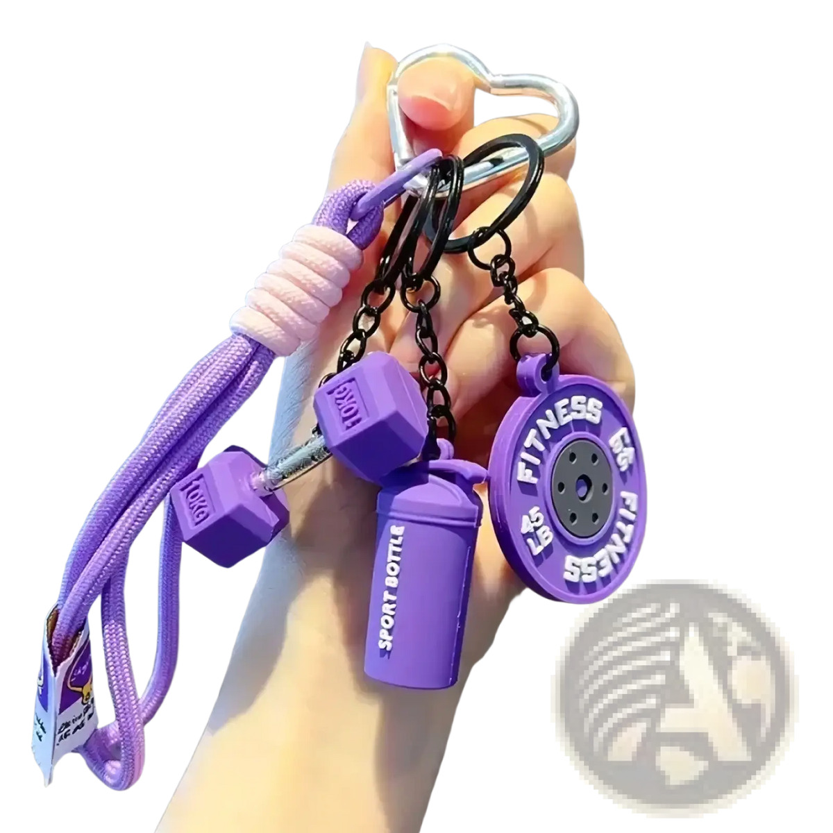 Purple silicone fitness keychain with dumbbell water bottle and weight plate charms for gym bag accessory
