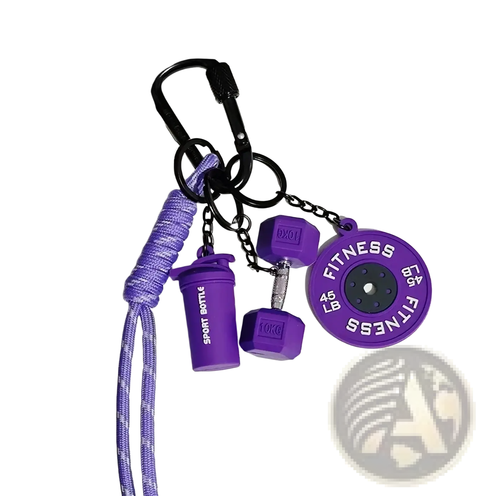Purple fitness keychain featuring dumbbell weight plate and shaker bottle charms for gym bag accessory