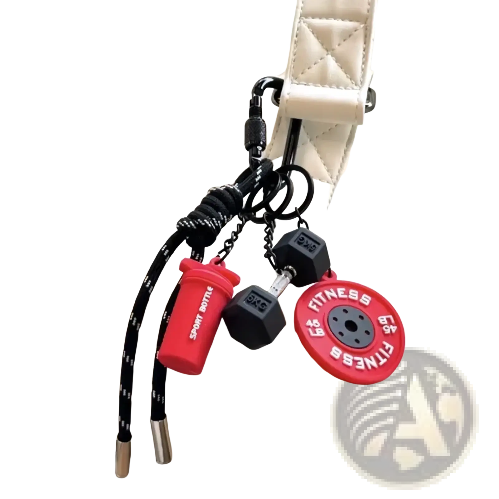 Fitness keychain colorful gym bag charm accessory with red and black silicone dumbbell shaker bottle and weight plate charms