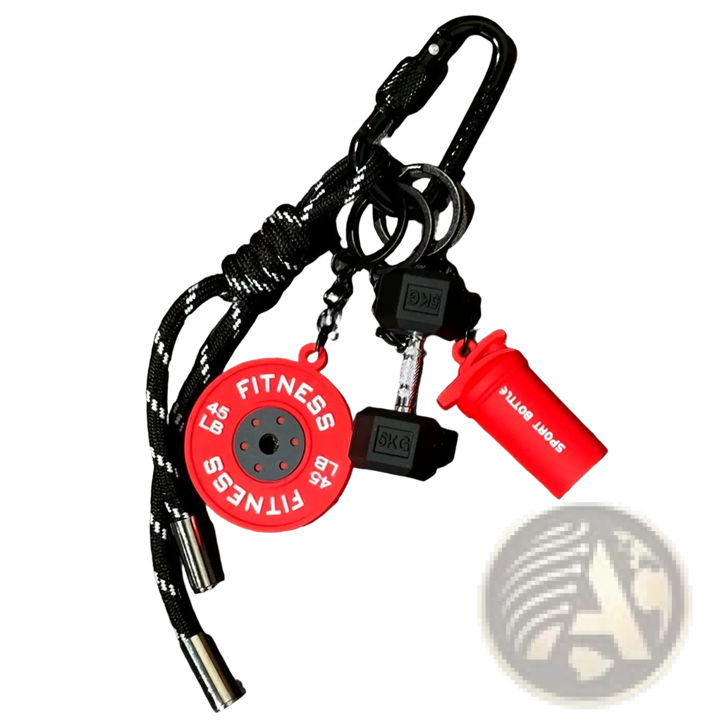 Red silicone fitness keychain with circular weight plate black dumbbell and red shaker bottle gym bag charms