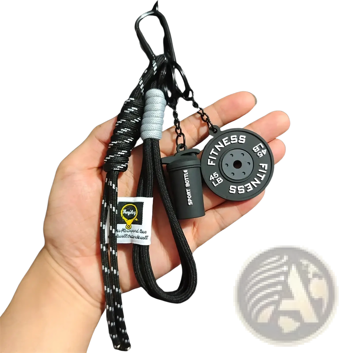 Black silicone fitness keychain with 45 lb weight plate and sport bottle charms on braided black and white cord