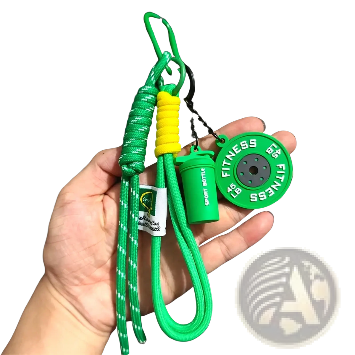 Green and yellow fitness keychain with braided cord, miniature water bottle charm, and circular weight plate pendant