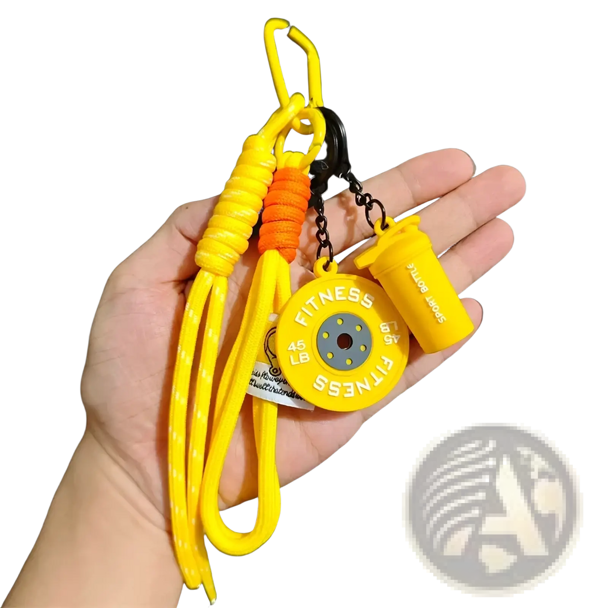 Yellow fitness keychain dumbbell gym bag charm with circular weight plate and water bottle charms in vibrant plastic
