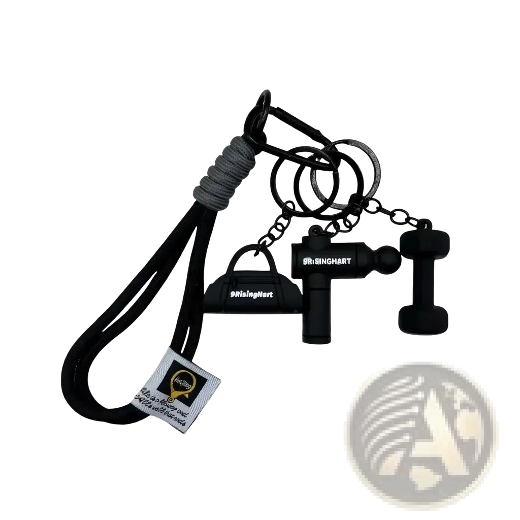 Black fitness keychain featuring dumbbell weight plate and massage gun charms for gym bag accessory use