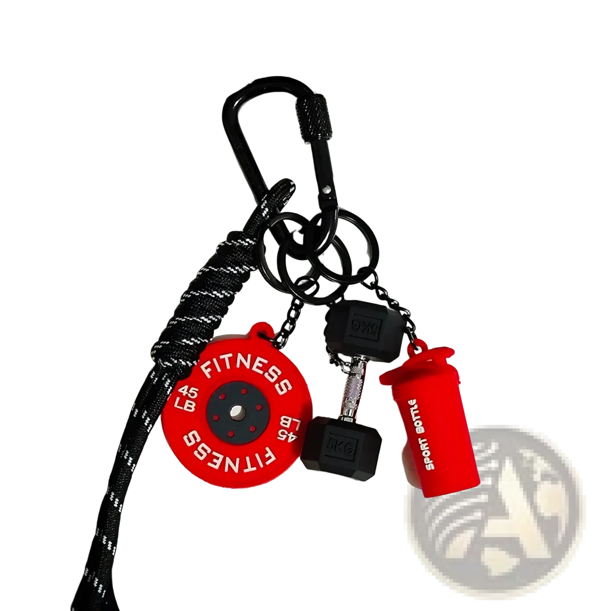 Red and black fitness keychain with 45 lb weight plate charm dumbbell and shaker bottle gym bag accessory