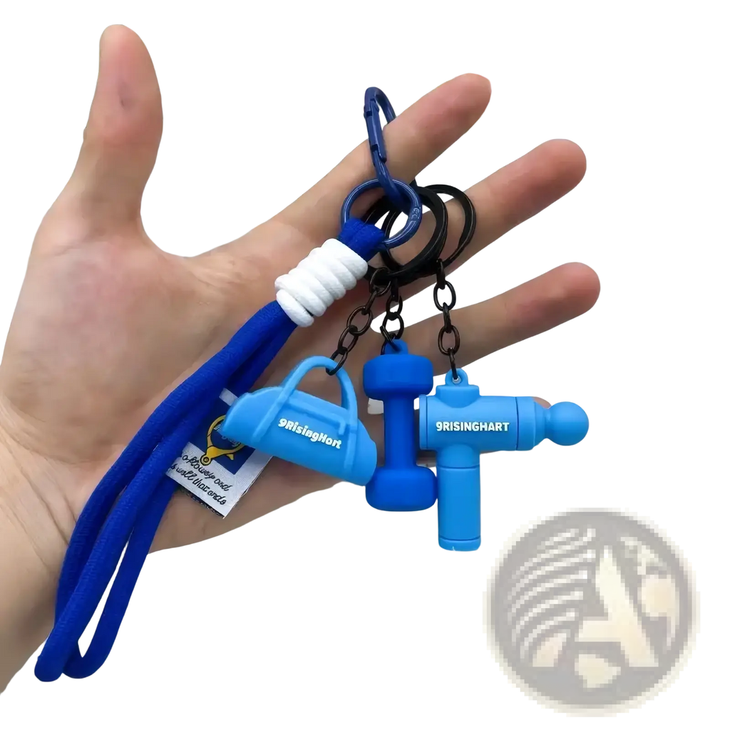 Blue silicone fitness keychain set with dumbbell handbag and drill designs accented by white woven cords