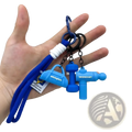 Blue silicone fitness keychain set with dumbbell handbag and drill designs accented by white woven cords