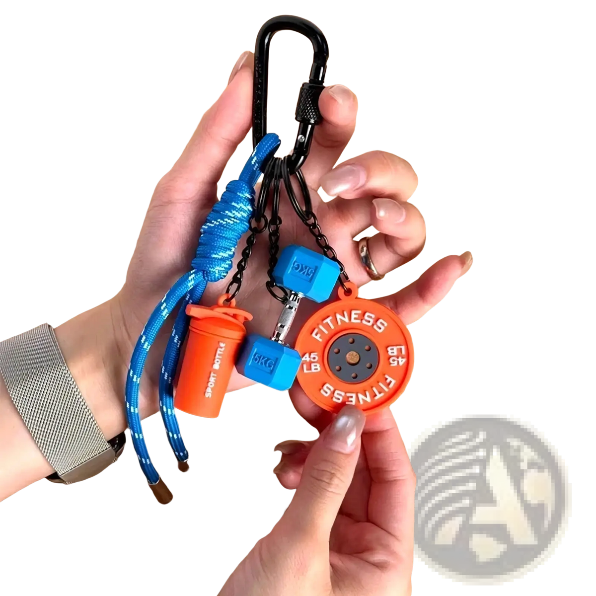 Fitness keychain dumbbell gym bag charm with orange and blue braided rope, circular weight plate, and dumbbell charms