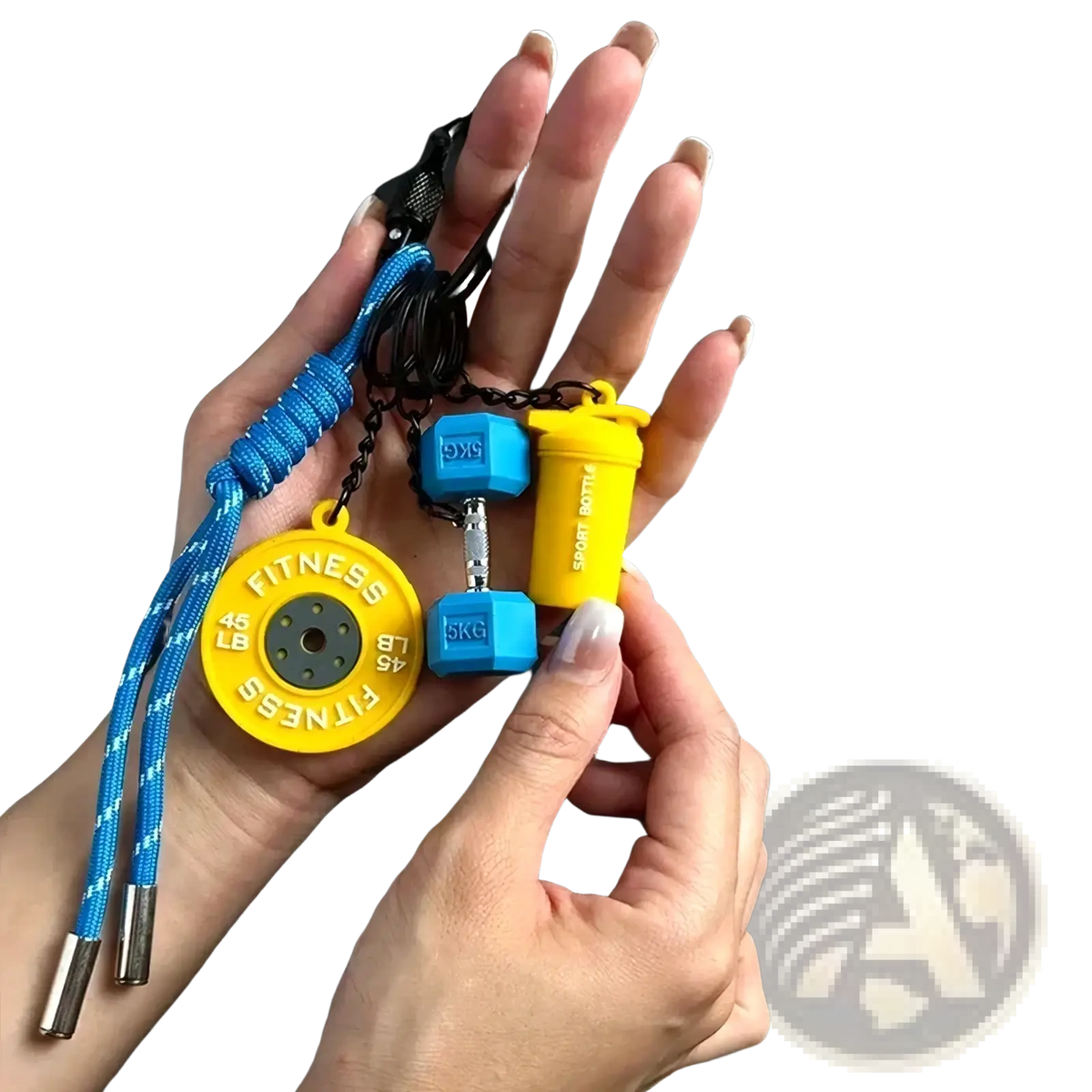 Yellow and blue fitness keychain set featuring miniature weight plate dumbbell and shaker bottle gym bag charm