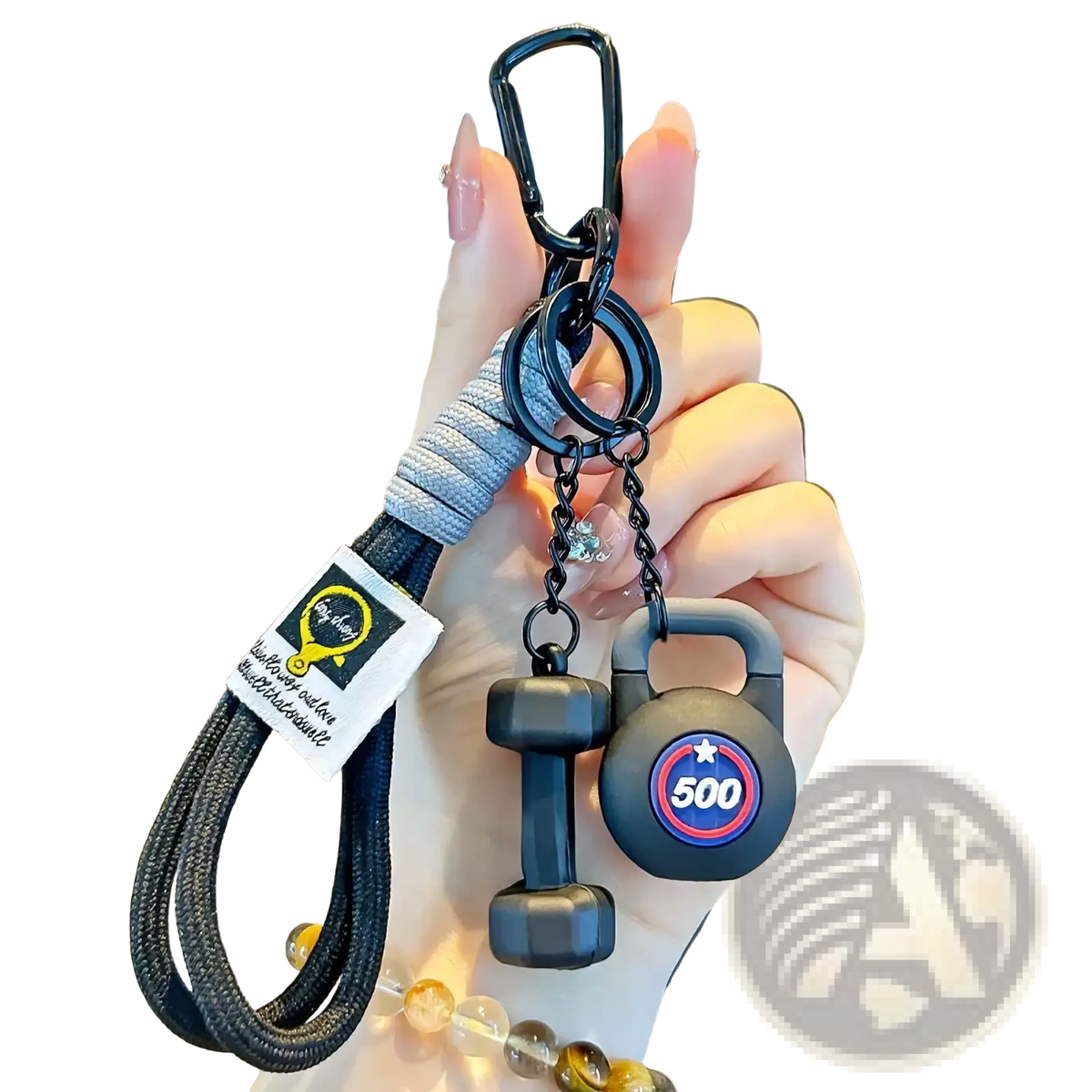 Black plastic dumbbell and kettlebell fitness keychain with gray braided cord strap for gym bag charm use