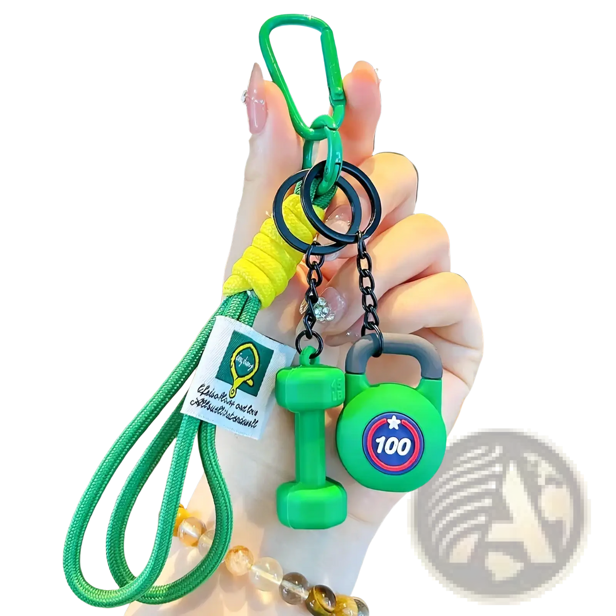 Green silicone dumbbell and kettlebell fitness keychain with yellow braided cord and black metal rings gym bag charm