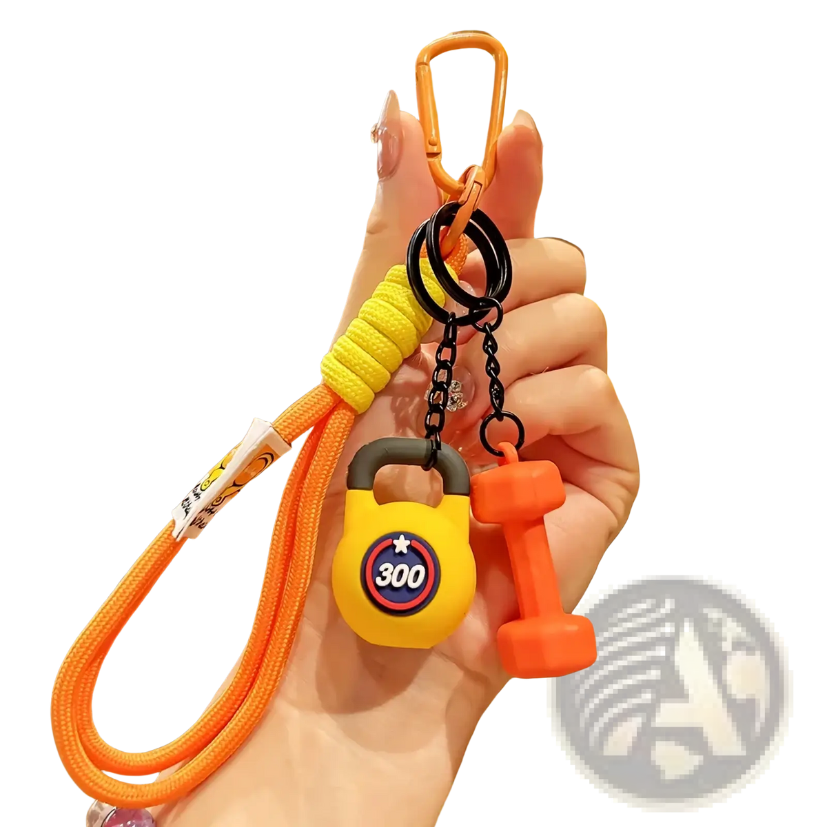 Bright orange and yellow silicone fitness keychain with dumbbell charm, adjustable braided lanyard, and carabiner clip