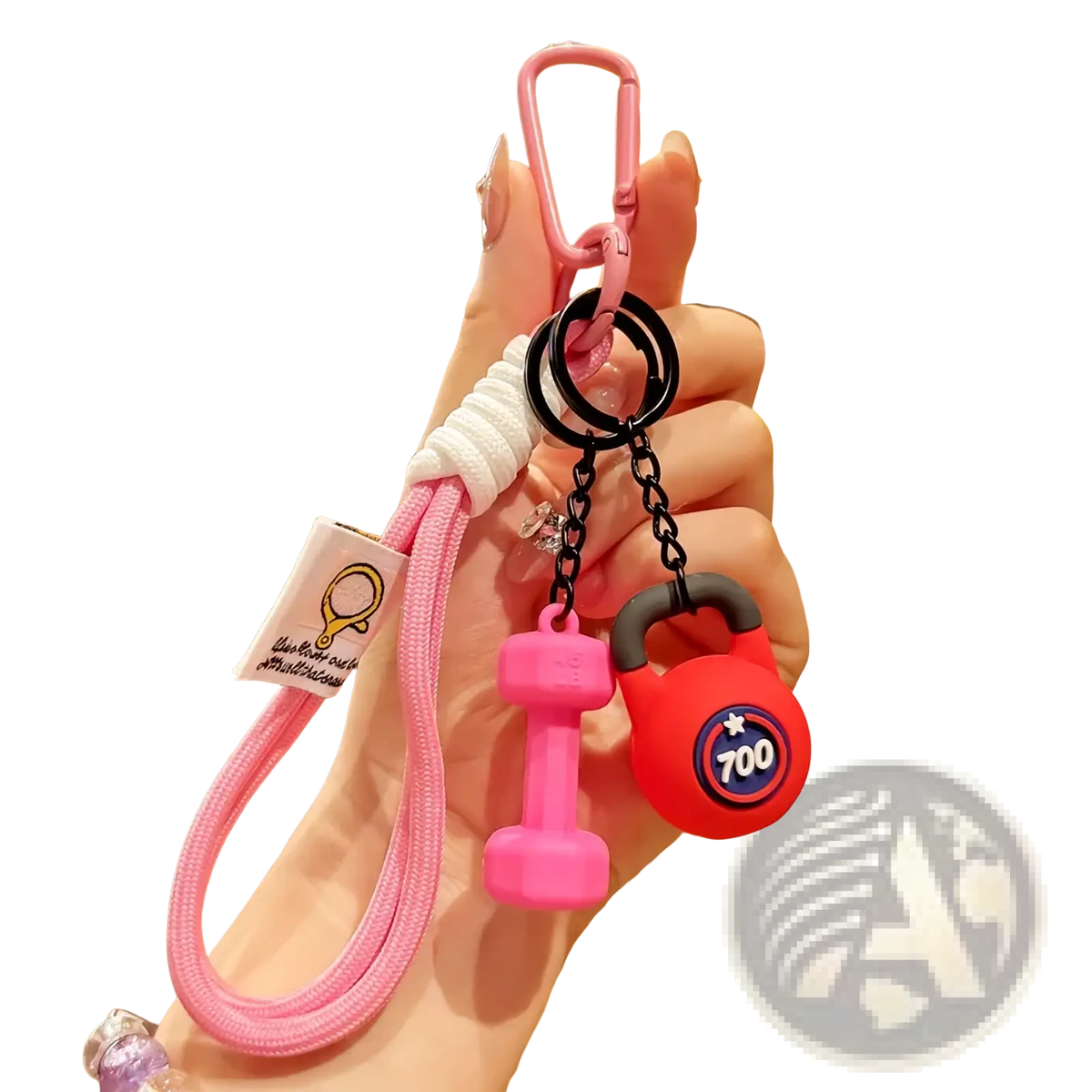 Pink silicone dumbbell and kettlebell fitness keychain with black chain white braided cord loop and pink carabiner charm